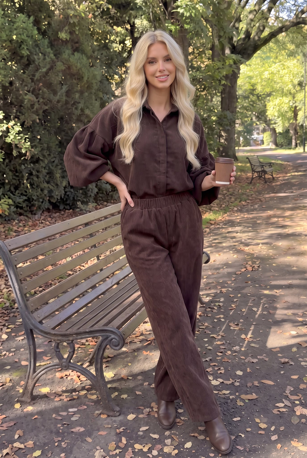 Pantalon en Velours Côtelé Droit à Taille Élastiquée