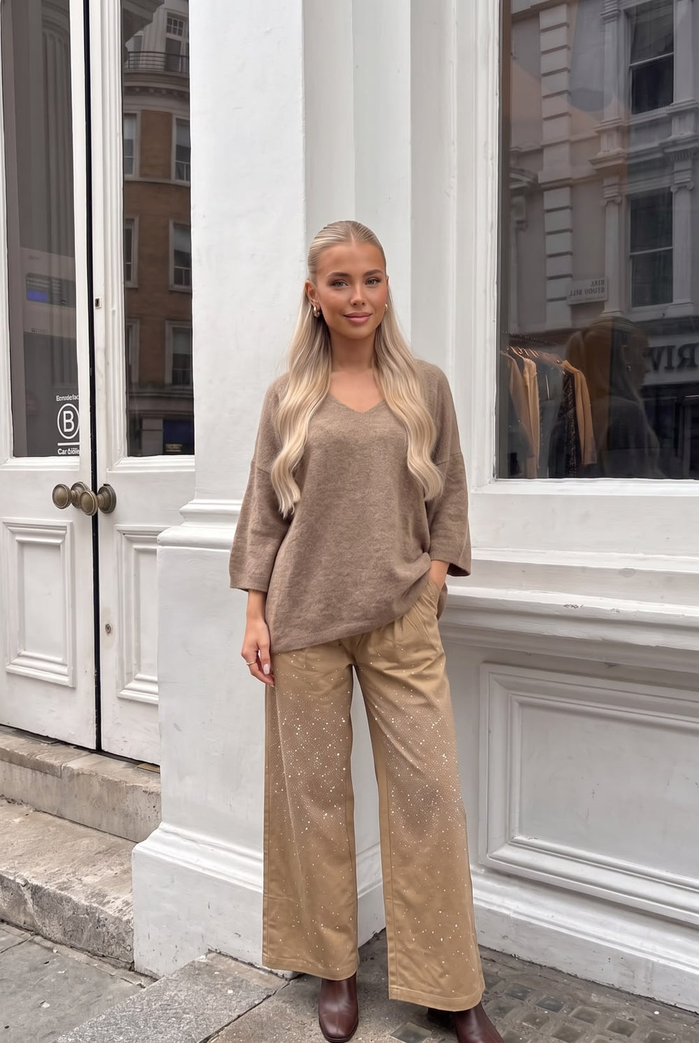 Pantalon Large en Coton à Strass