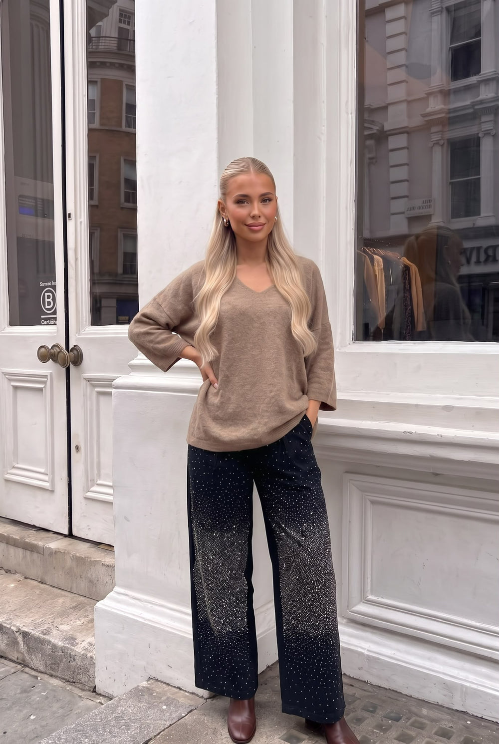Pantalon Large en Coton à Strass