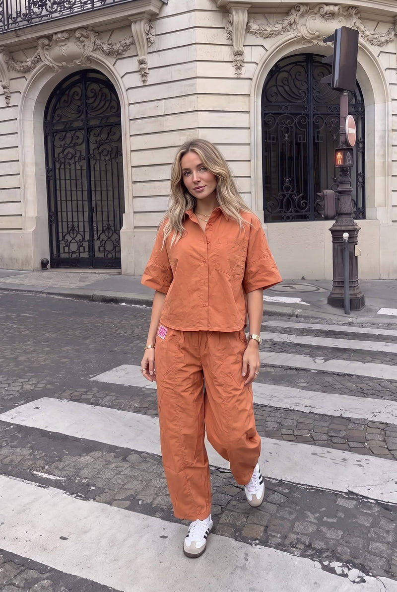 Chemise Popeline Coton Manches Courtes Oversize Porté Avec L