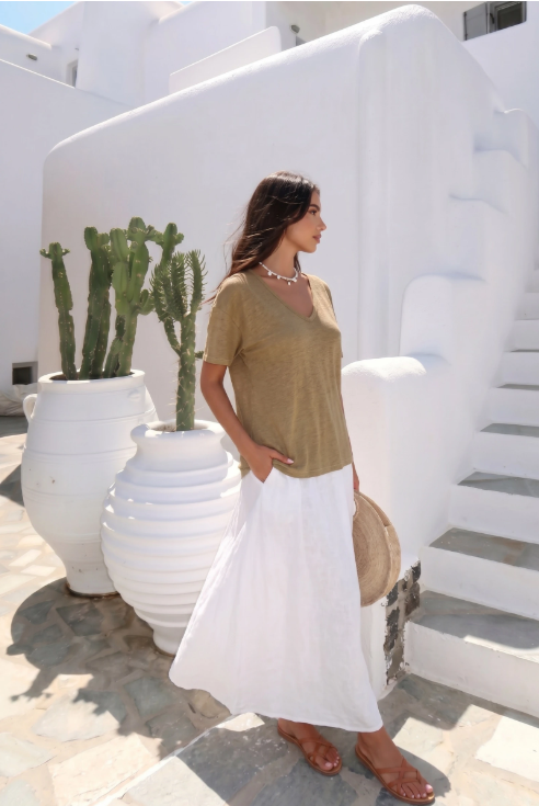 Haut Manche T-Shirt En Lin Col V
