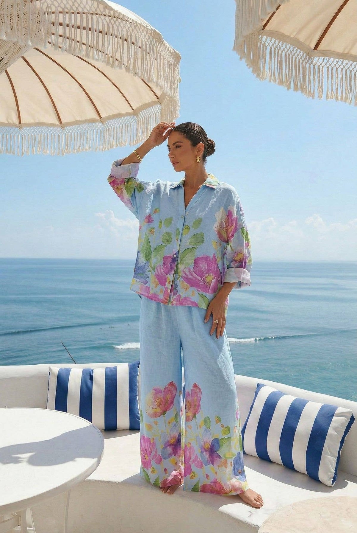 Haut Imprimé Fleur En Lin Porté Avec Le Pantalon23848