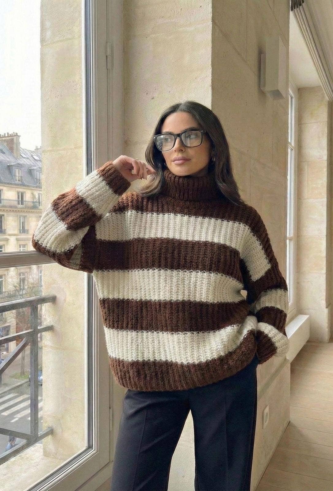 Pull Col Roulé Oversize A Rayure