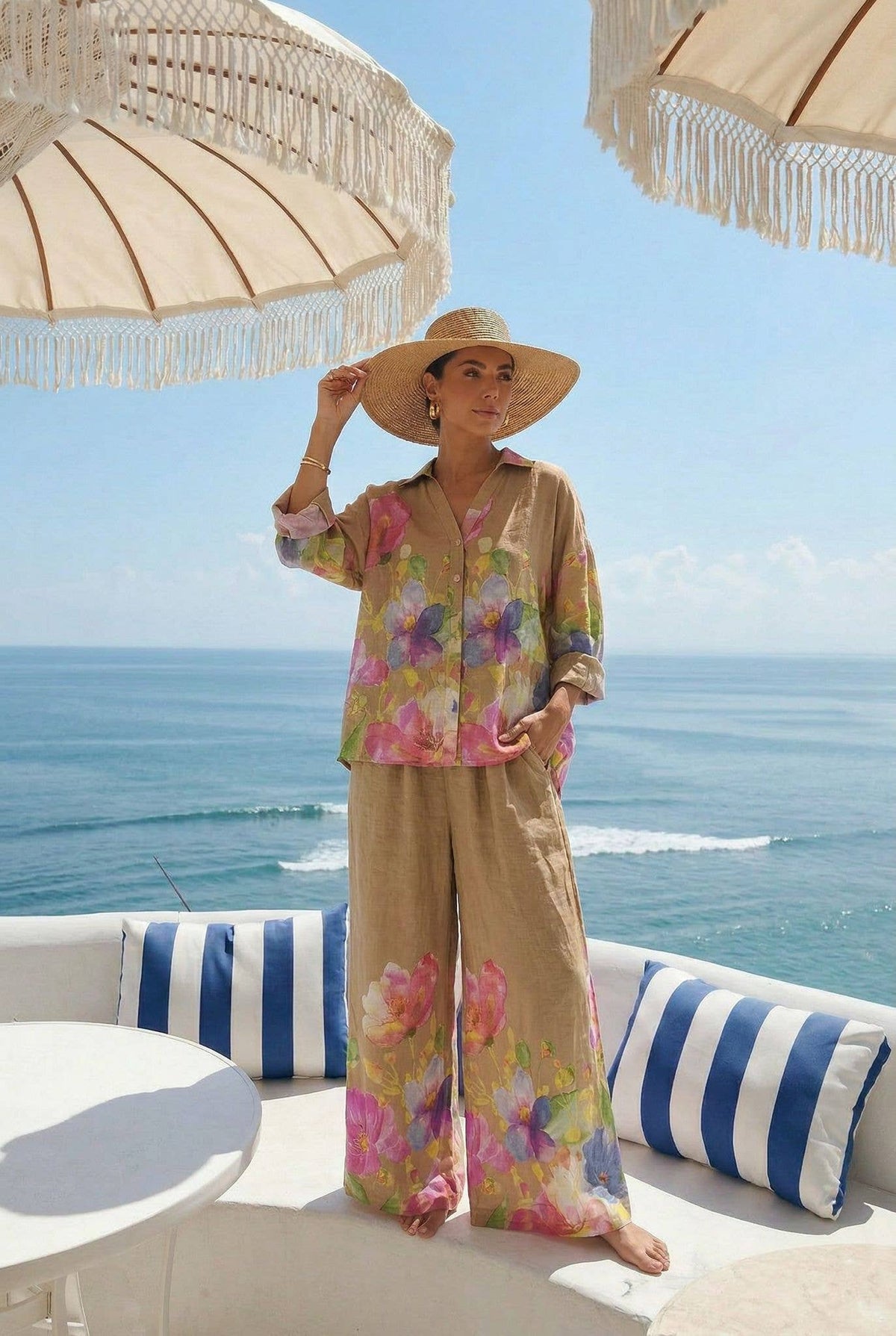 Haut Imprimé Fleur En Lin Porté Avec Le Pantalon23848