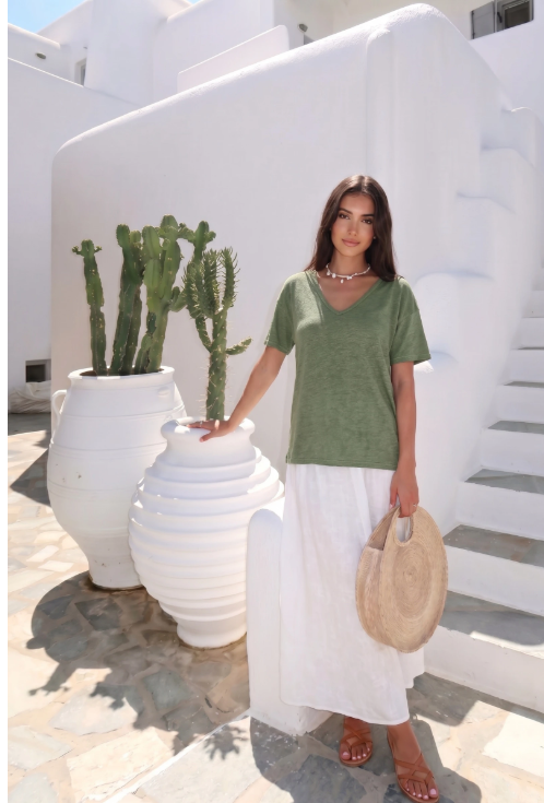 Haut Manche T-Shirt En Lin Col V