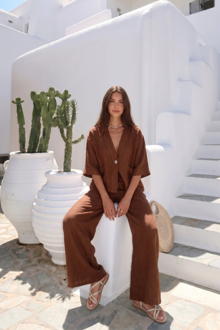 Veste En Lin Porté Avec Le Pantalon20601