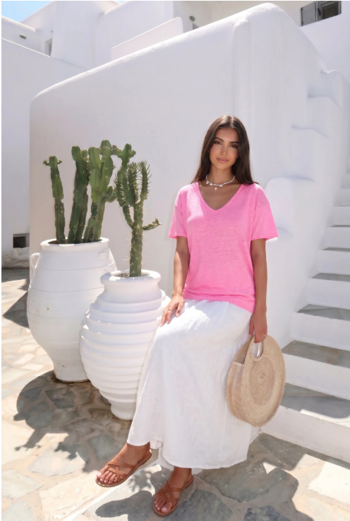 Haut Manche T-Shirt En Lin Col V