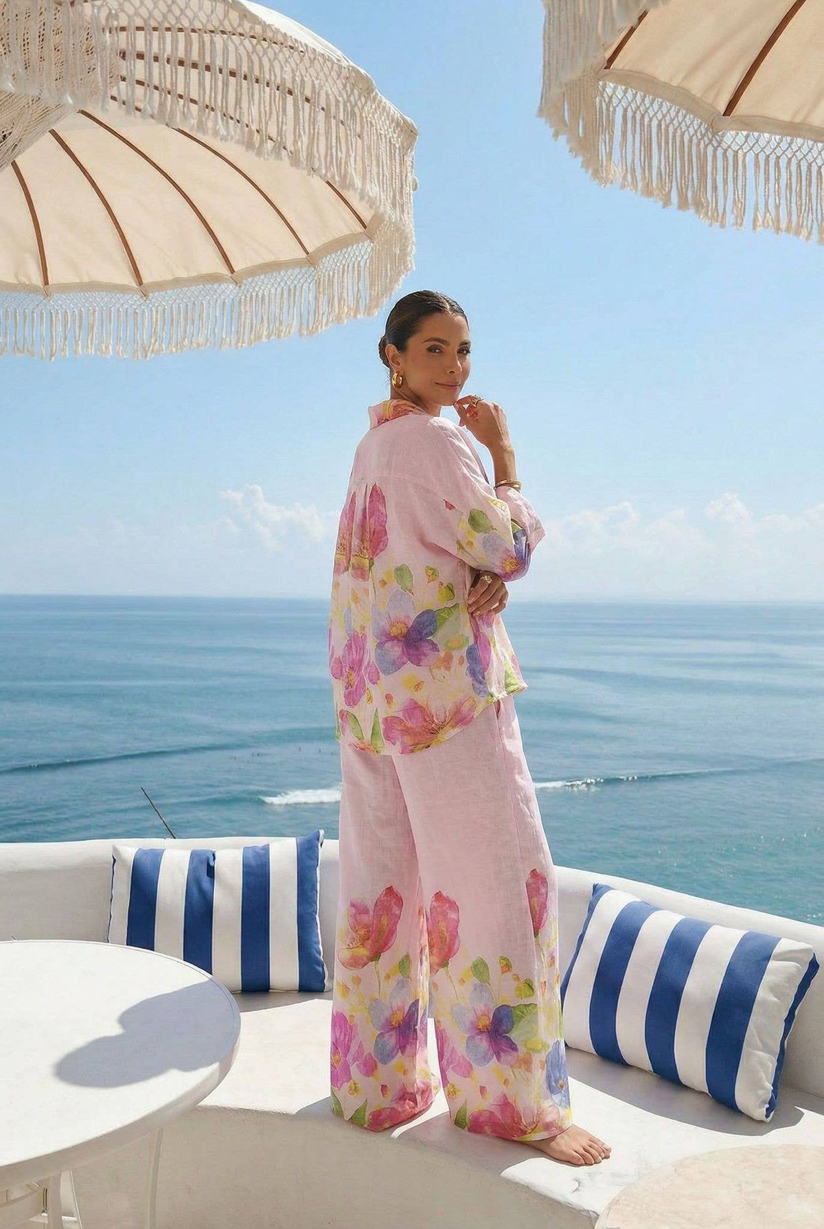 Haut Imprimé Fleur En Lin Porté Avec Le Pantalon23848