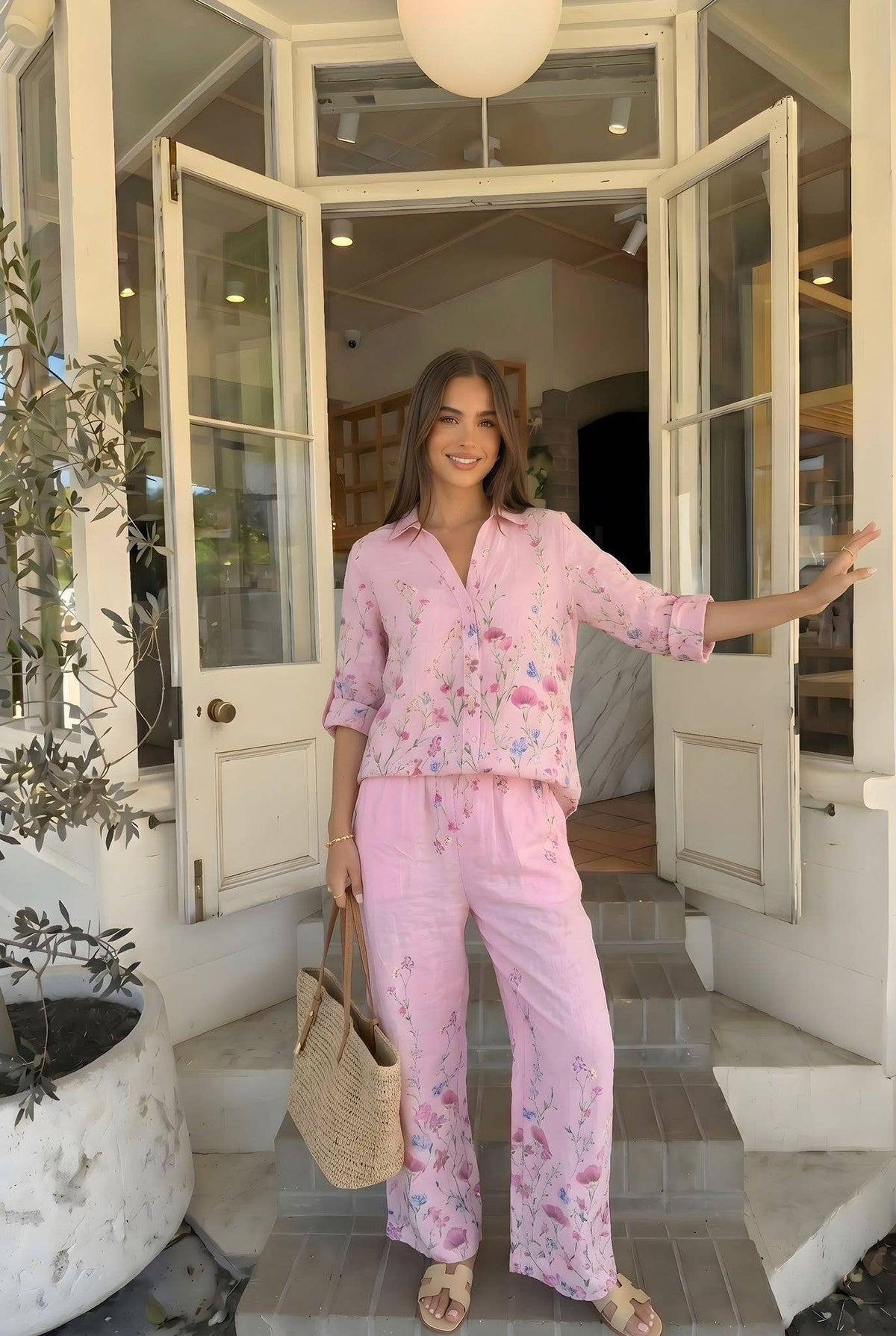Pantalon Imprimée Fleur Porté Avec La Chemise20984
