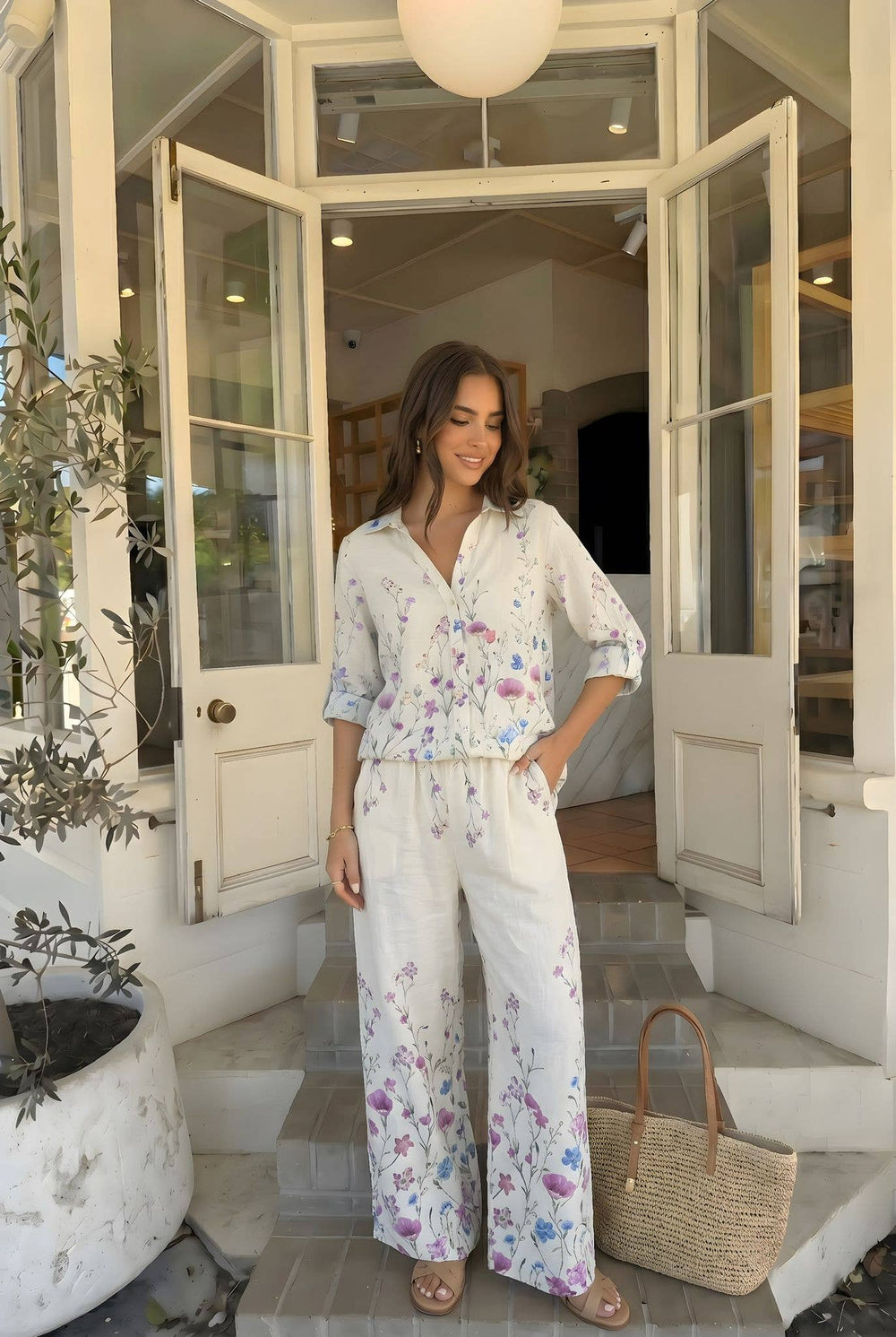 Pantalon Imprimée Fleur Porté Avec La Chemise20984
