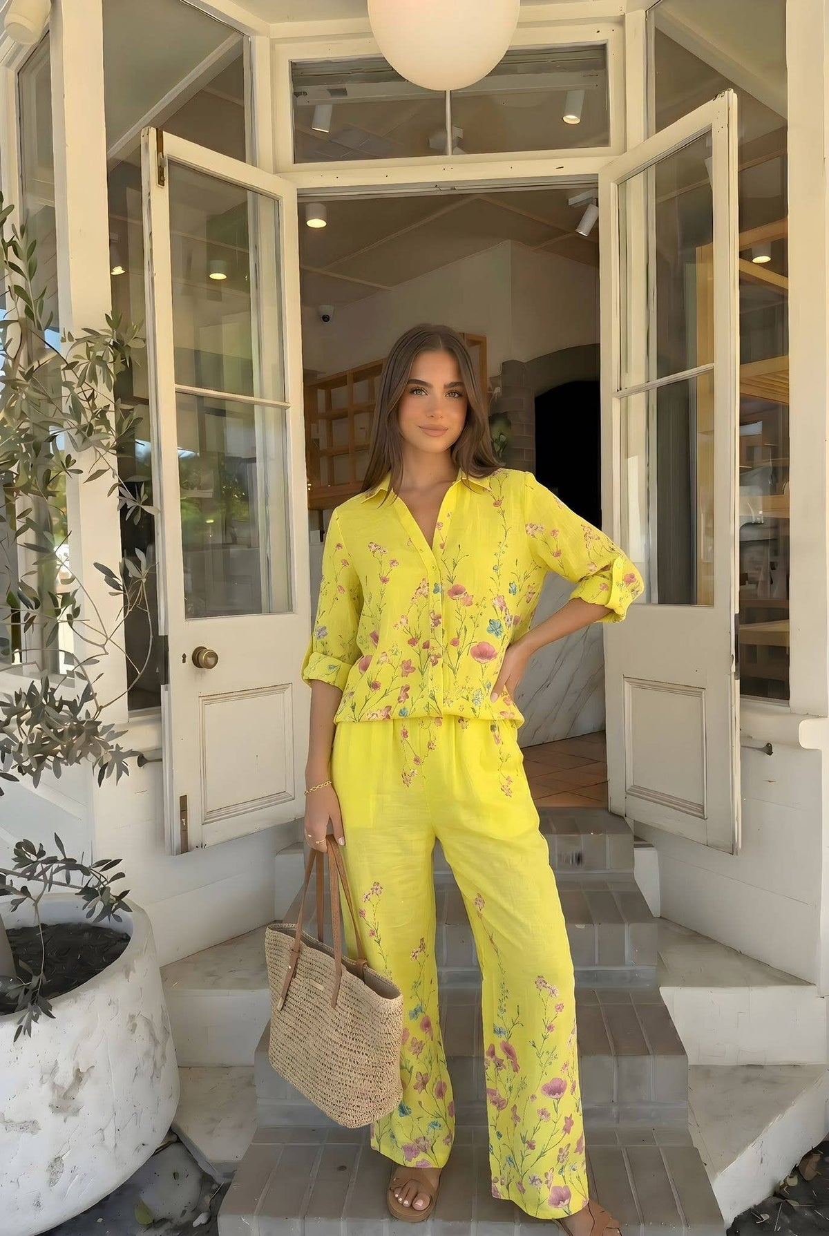 Pantalon Imprimée Fleur Porté Avec La Chemise20984
