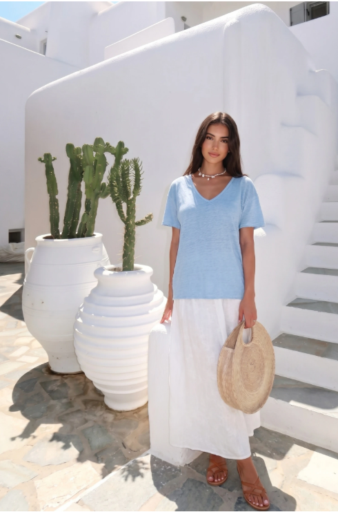 Haut Manche T-Shirt En Lin Col V