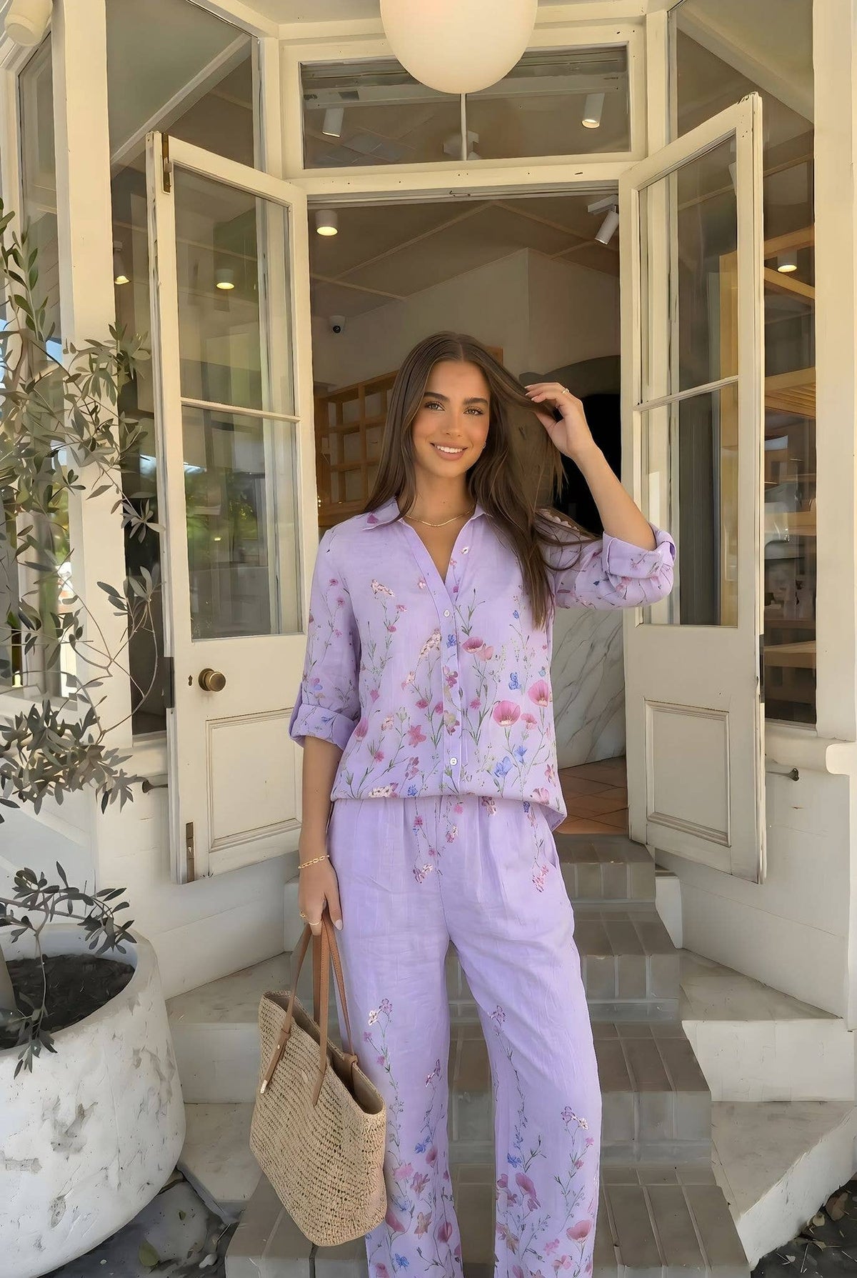 Pantalon Imprimée Fleur Porté Avec La Chemise20984