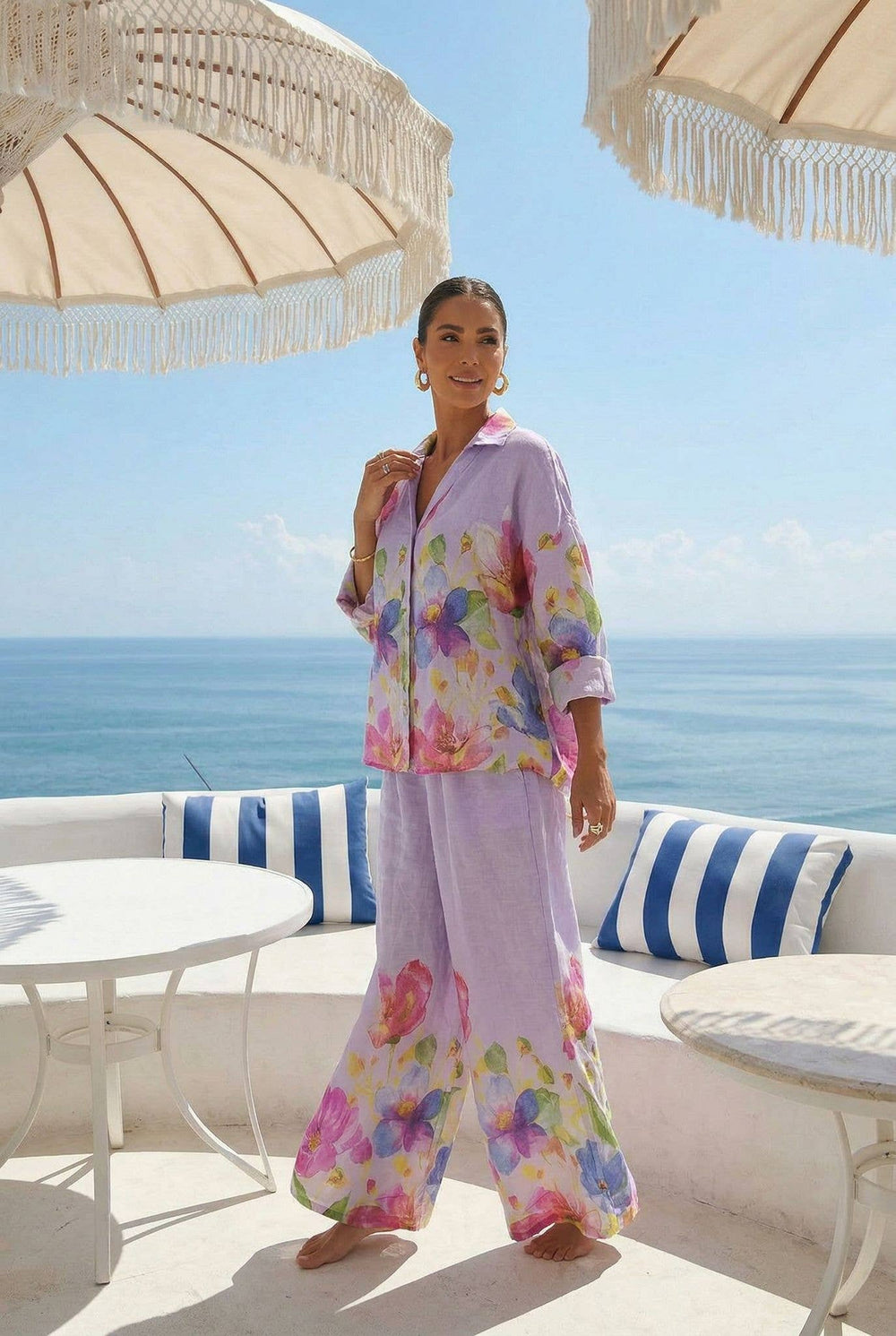 Haut Imprimé Fleur En Lin Porté Avec Le Pantalon23848