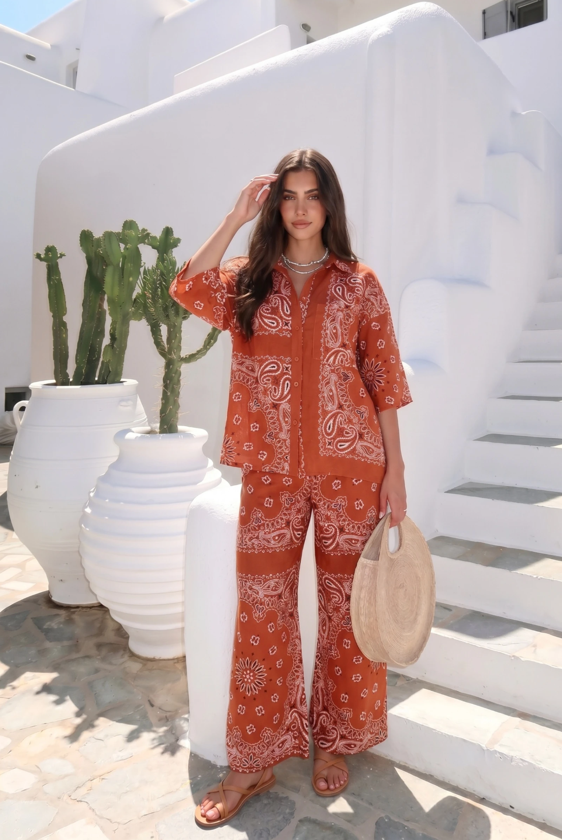 Chemise En Lin Bandana Porté Avec Le Pantalon2446