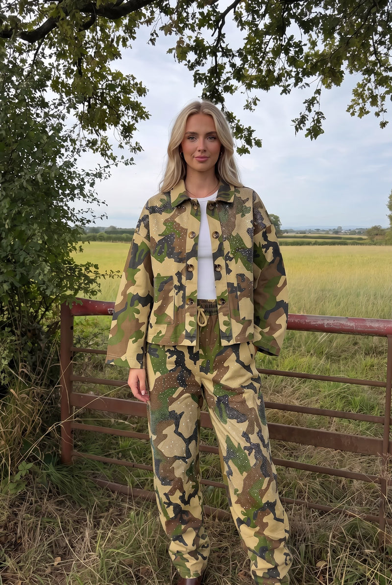Pantalon en Coton Imprimé Camouflage à Strass