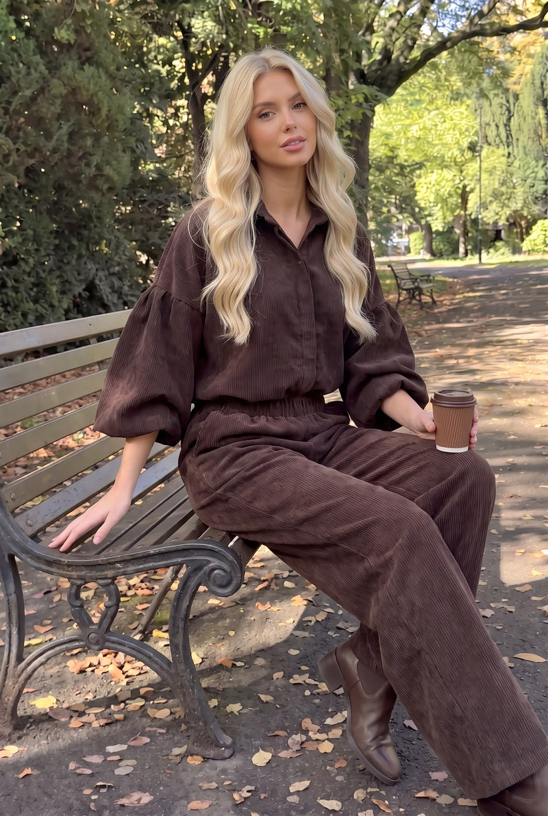 Pantalon en Velours Côtelé Droit à Taille Élastiquée