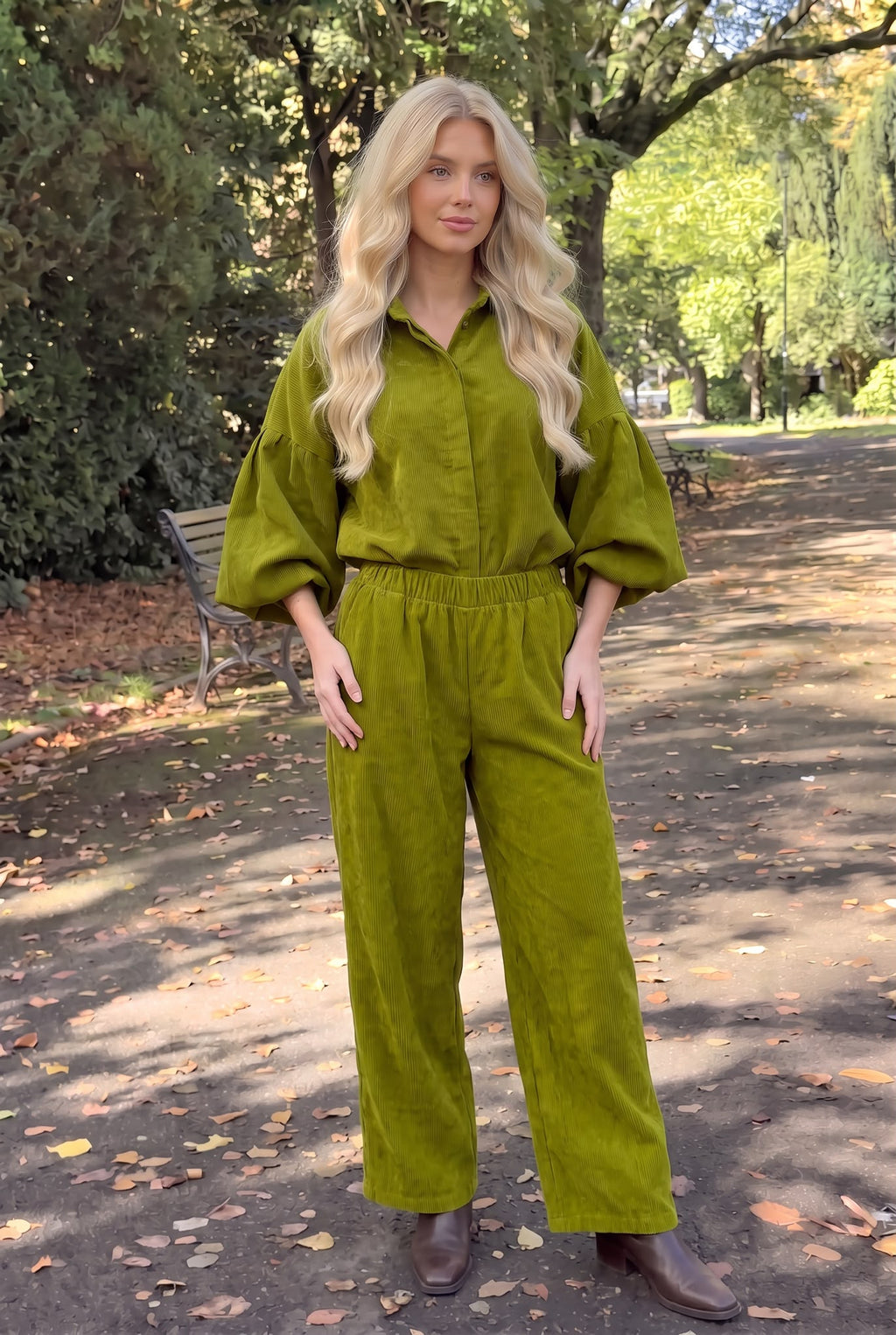 Pantalon en Velours Côtelé Droit à Taille Élastiquée