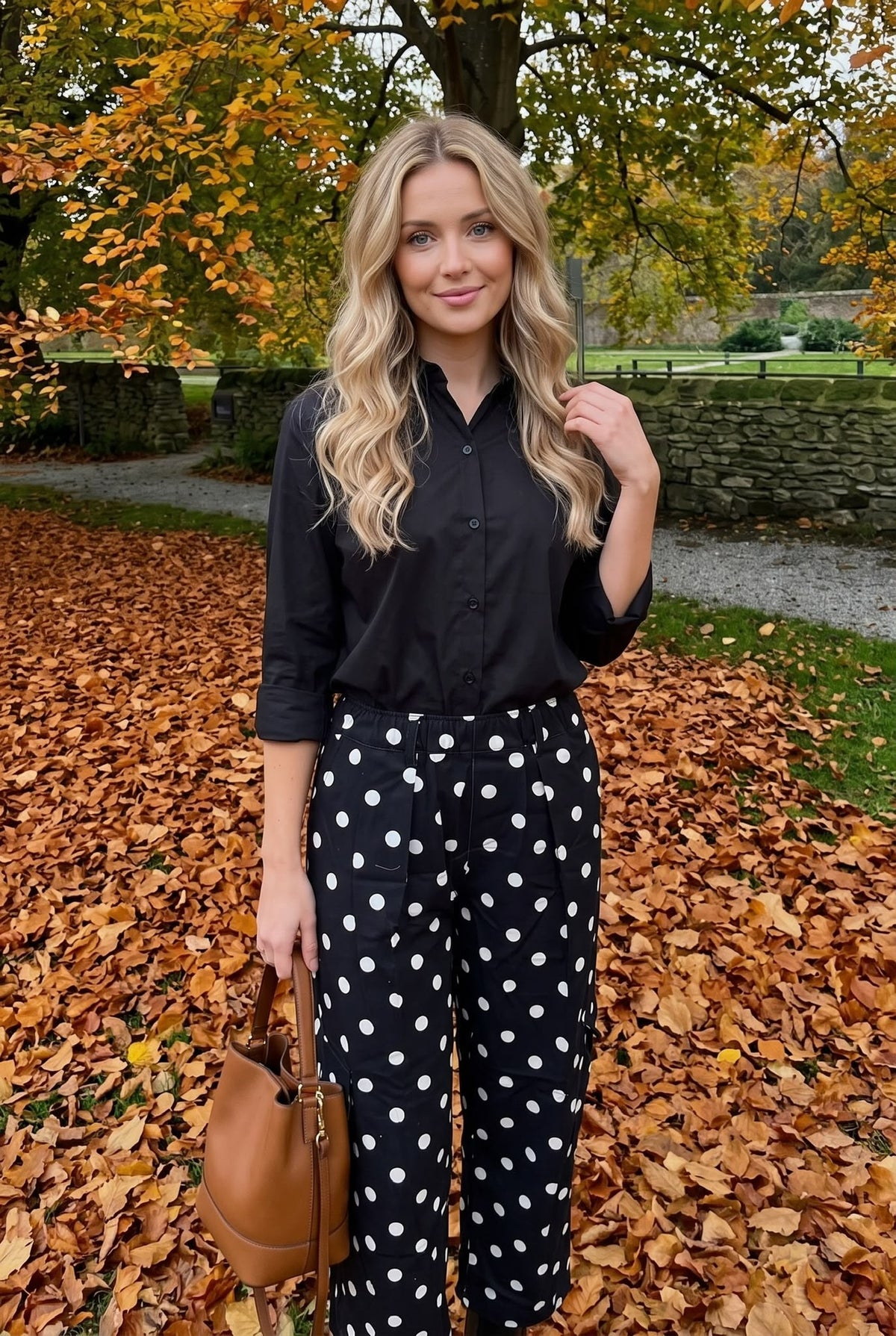 Pantalon en Coton Imprimé Pois à Taille Élastiquée et Poches