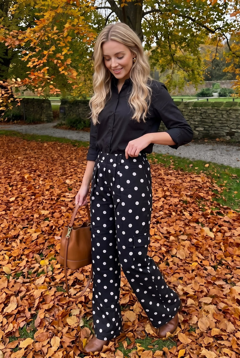 Pantalon en Coton Imprimé Pois à Taille Élastiquée et Poches