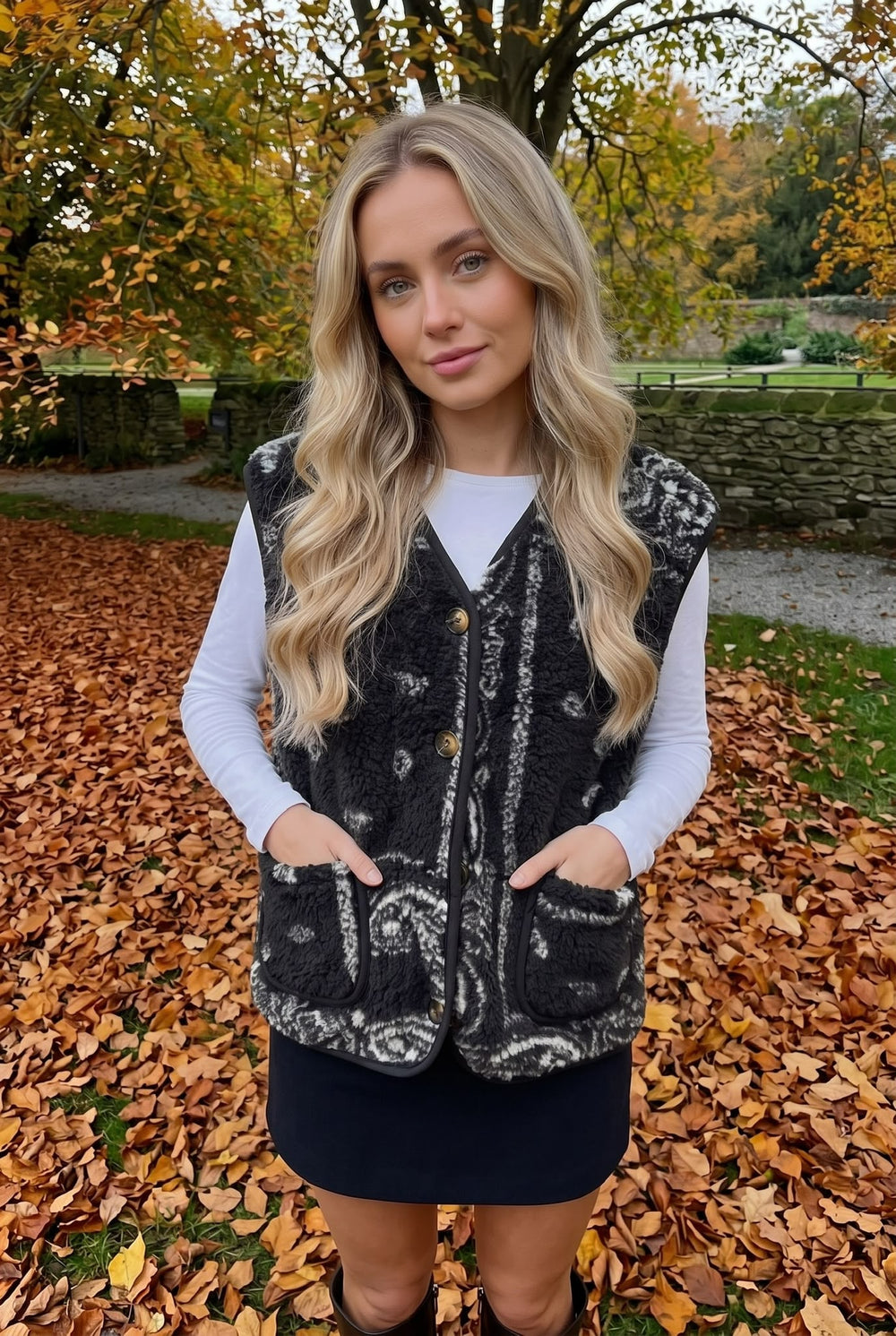 Gilet Sans Manches en Style Moumoute Imprimée à Boutons