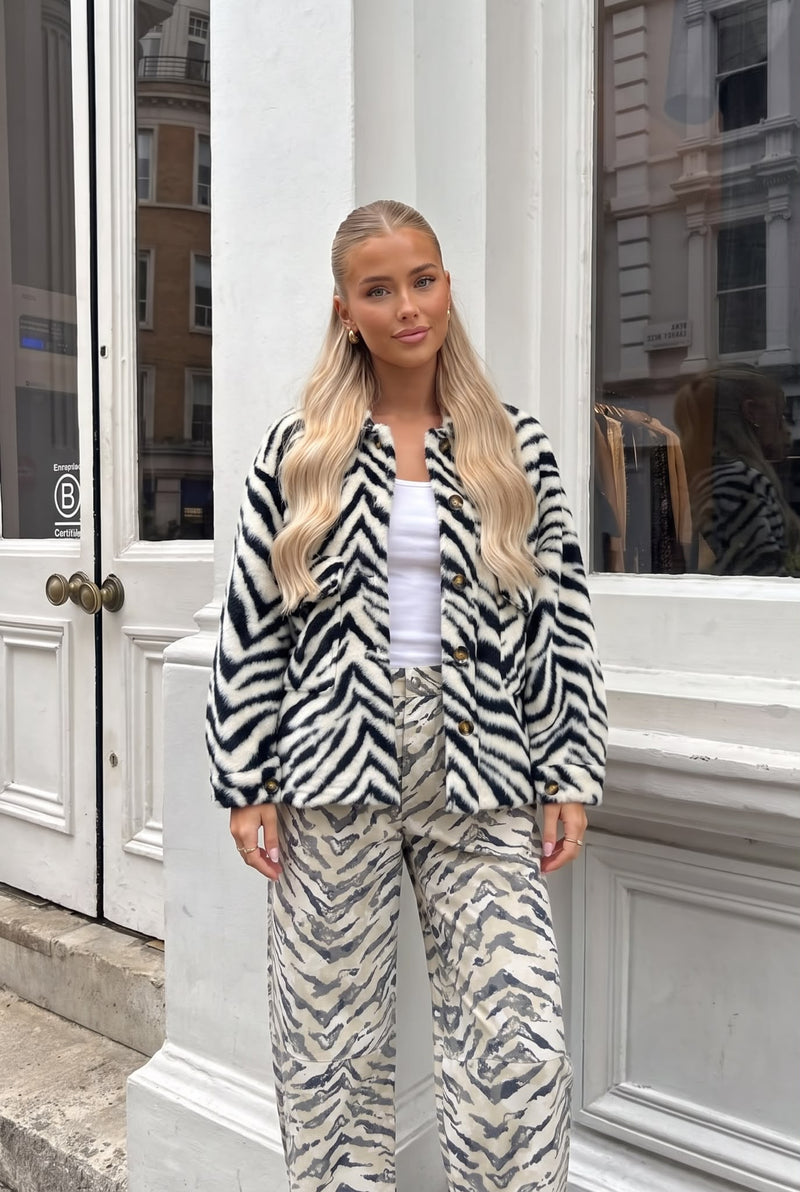 Veste en Fausse Fourrure Imprimé Zèbre