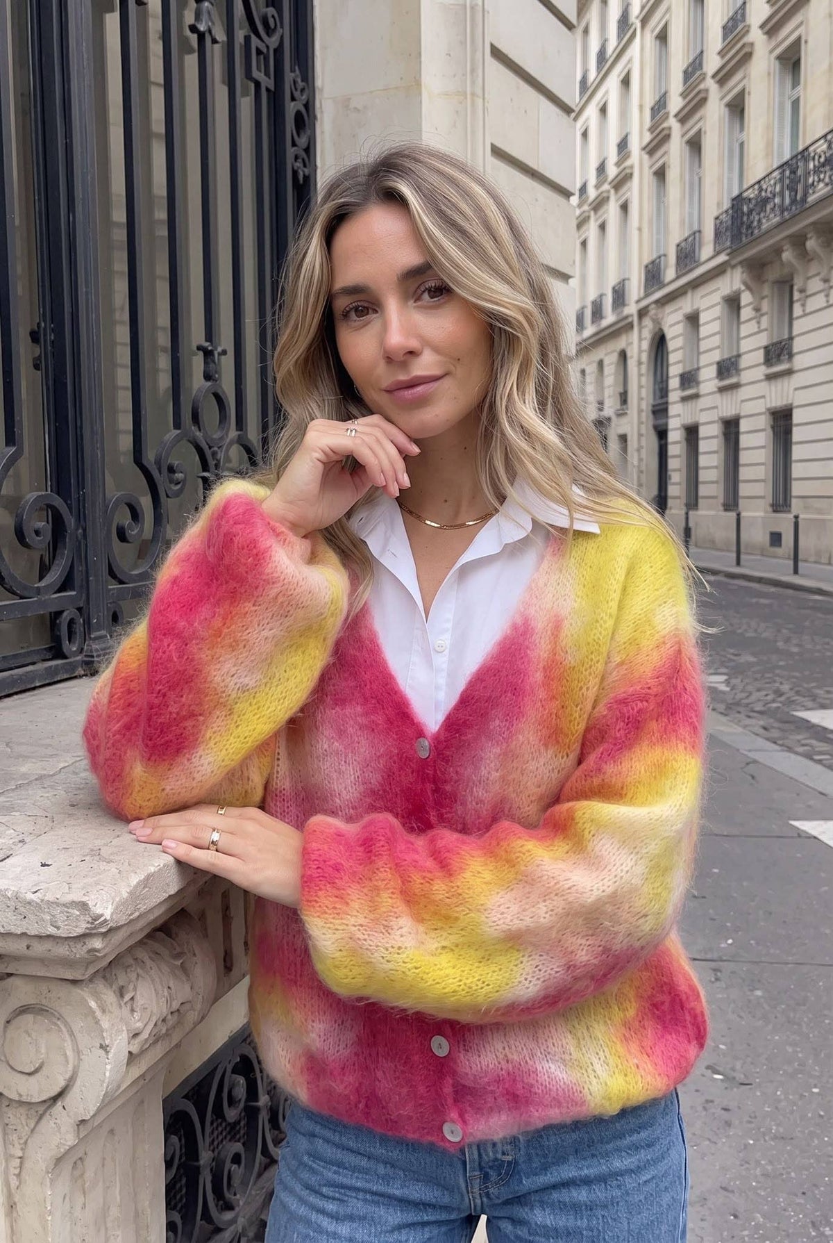 Gilet Mohair Tie And Dye Col V Boutonné - INCERTAINES