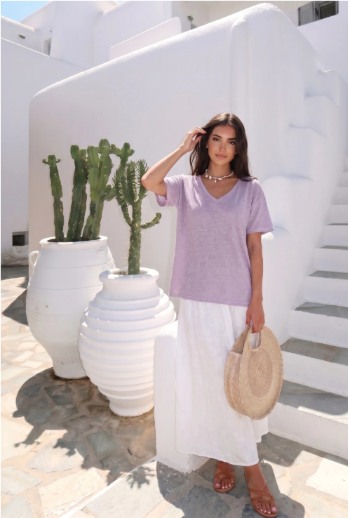 Haut Manche T-Shirt En Lin Col V