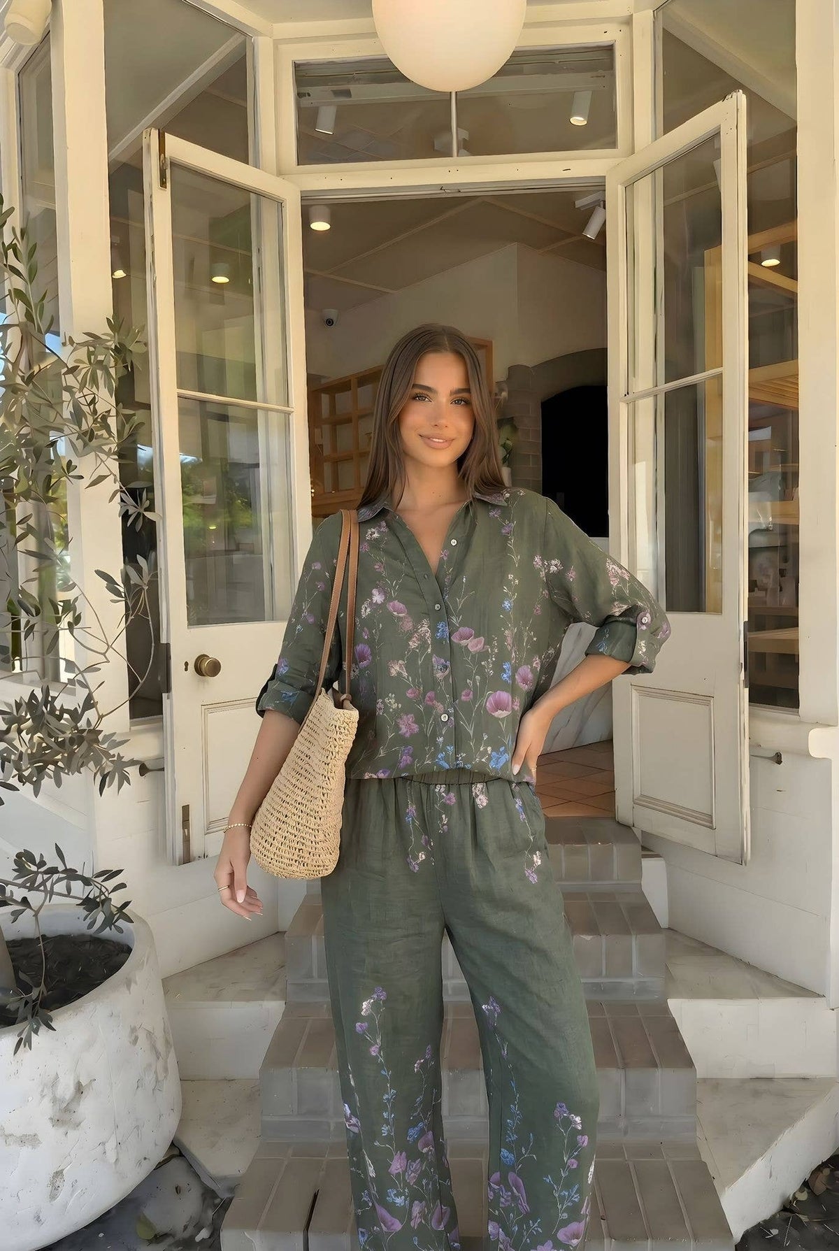 Chemise Imprimée Fleur Porté Avec Le Pantalon23848