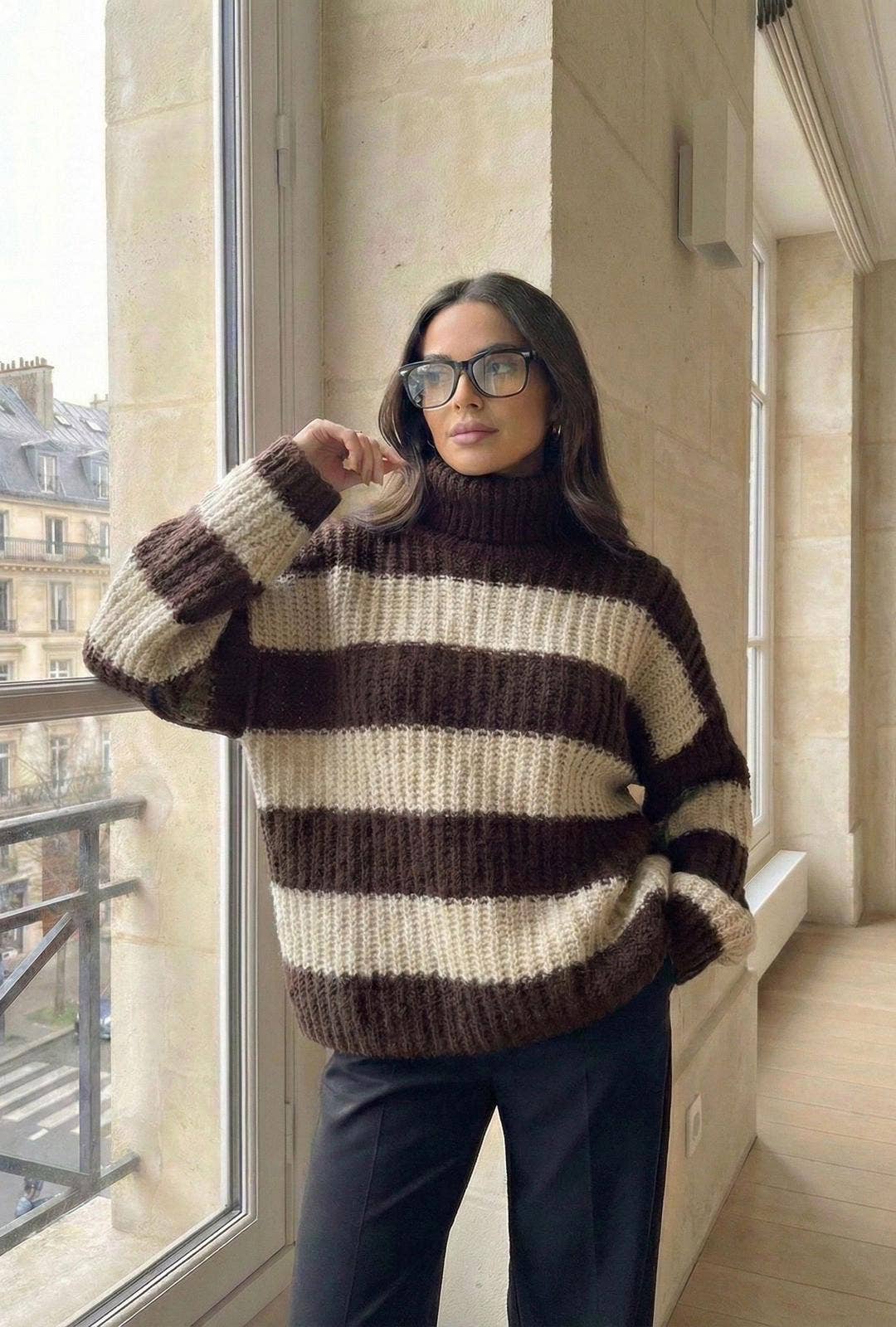 Pull Col Roulé Oversize A Rayure