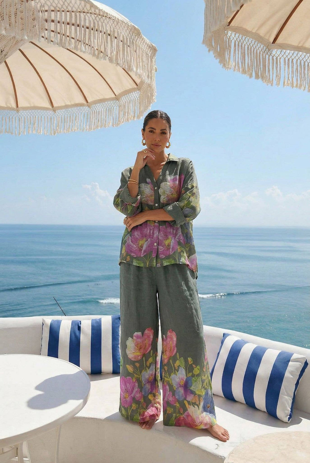 Haut Imprimé Fleur En Lin Porté Avec Le Pantalon23848