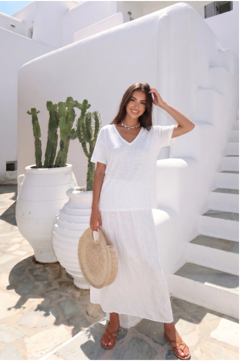 Haut Manche T-Shirt En Lin Col V