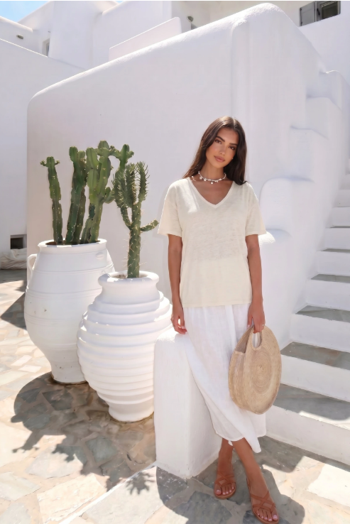 Haut Manche T-Shirt En Lin Col V