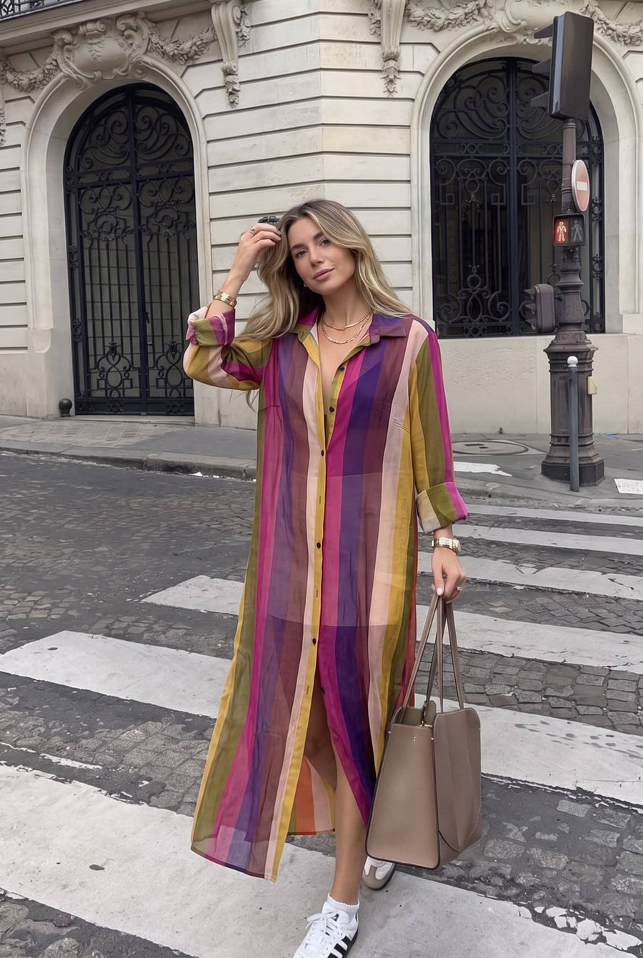 Robe Coton Longue Rayée Boutonnée - INCERTAINES