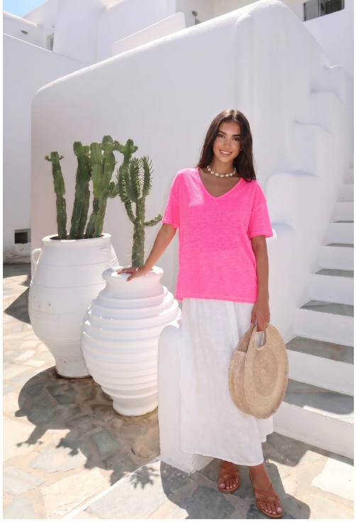 Haut Manche T-Shirt En Lin Col V