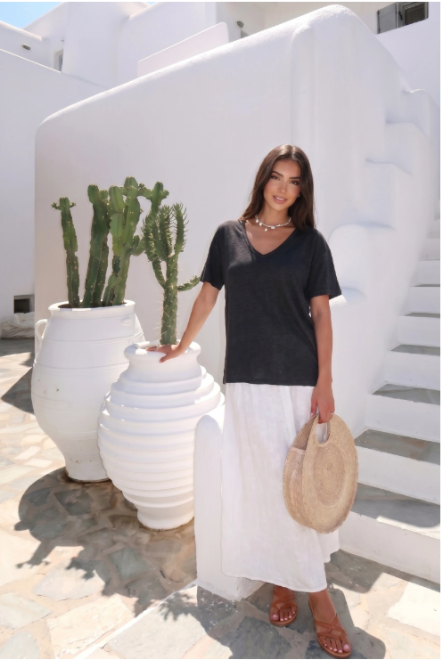 Haut Manche T-Shirt En Lin Col V