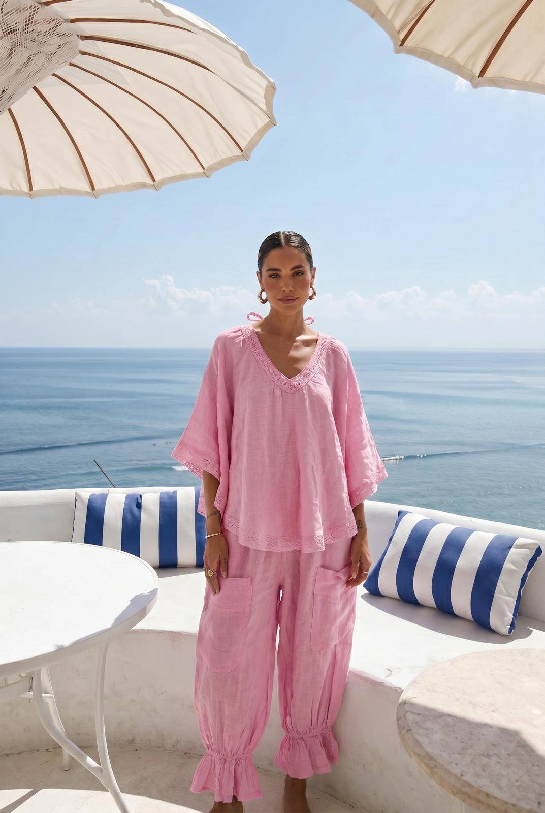 Haut Broderie En Lin Porté Avec Le Pantalon1390
