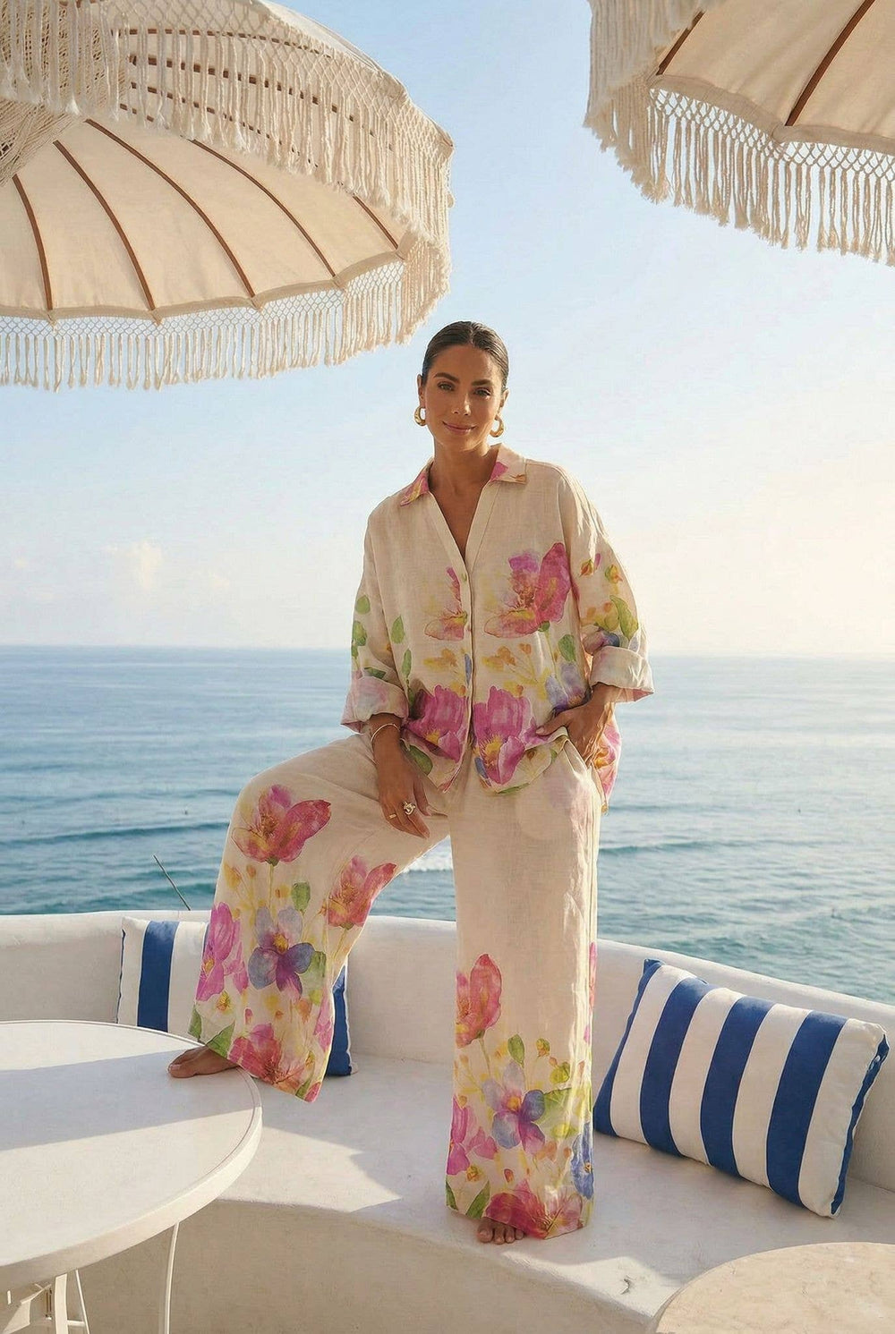Haut Imprimé Fleur En Lin Porté Avec Le Pantalon23848